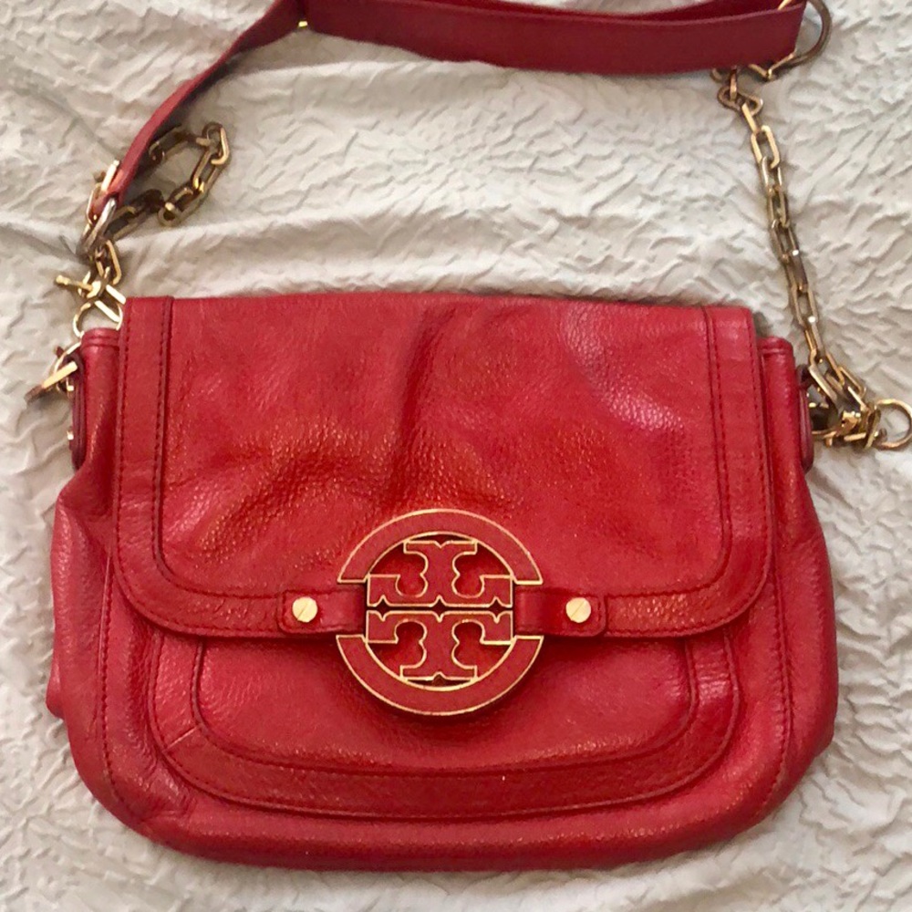Authentic Red Tory Burch Leather Handbag Gold